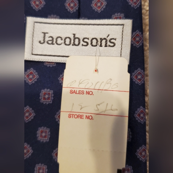 Men's Vintage Jacobson's Navy Burgundy Geometric Pattern Necktie Made in USA - Picture 3 of 5
